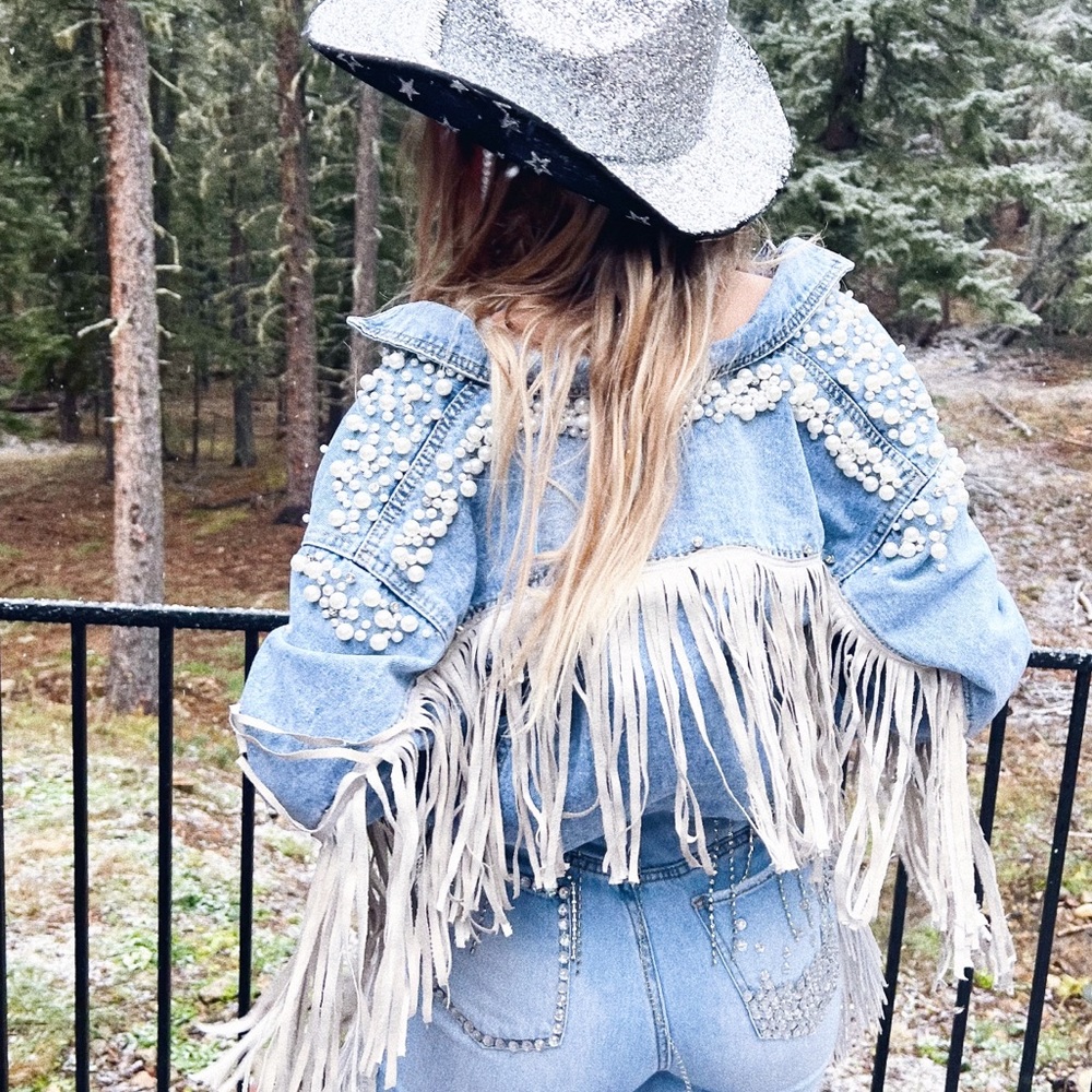 One of a kind!!! HANDCRAFTED!!!! Rhinestone Cowgirl Fringe Jean Jacket